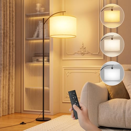 Yeeklab Floor Lamp for Living Room, 63 Tall Standing Lamp with Remote Control and Foot Switch, Modern Arc Floor Lamps with 3 Color Temperatures, Stepless Dimming, Beige Standard Lamp, Bulb Included