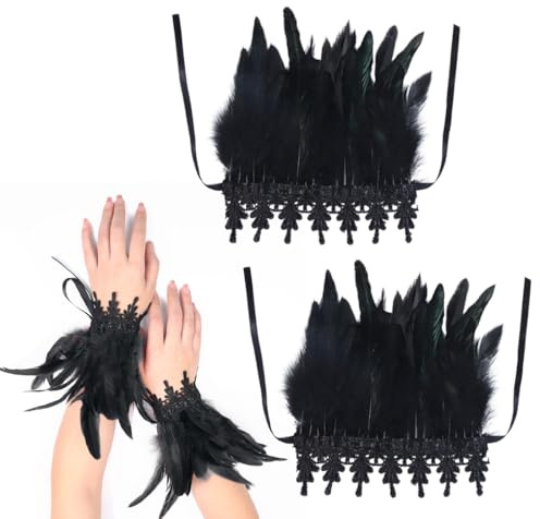 NOPKESV Damen Feder-Handgelenkmanschetten Florale Spitzenflügel-Armbänder Gothic-Mesh-Armband für Cosplay Halloween-Kostüm (Black)