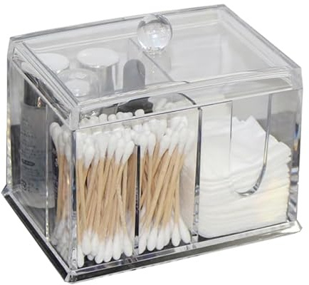 FRCOLOR Cosmetic Cotton Storage Box Transparent Makeup Organiser with Lid for Cotton Pads and Swabs Bathroom Essentials Holder Small White