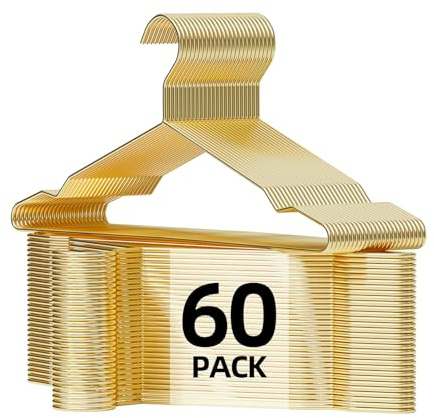 Metal Wire Clothes Hangers Bulk 60 Pack with Notches for Standard Size Coats, Shirts, Suits, Camisole, Dresses, Sturdy, Heavy-Duty, Space-Saving, Gold