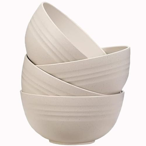 MaoMaoCha Unbreakable Cereal Bowls Set of 4, 24 oz Plastic Salad Bowls, Dishwasher & Microwave Safe, Lightweight Reusable Bowl for Rice Noodle Soup Snack Salad Fruit (Beige)