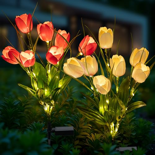 Joyoldelf Solar Lights Outdoor Garden - Decorative Solar Garden Lights with 14 Tulip Flowers, Waterproof Gardens Ornaments Outdoor for Patio, Yard, Fence, Lawn, 2 Pack