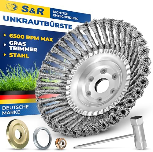 S&R stålborste, ogräsborste 200 mm x 25,4 mm, set med 5 delar med tillbehör, flätad ståltråd, konisk borste för motorröjsåg, ogräsborste mot ogräs, mossa, starka föroreningar