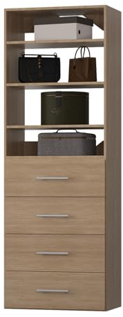 ROOMTEC Modular Closet System, 31.5 4 Drawer Shelf Closet Tower Wall-Mounted Closet Organizer, Wooden Tower for Walk-In Closets, Wardrobe Storage Kit, Wood