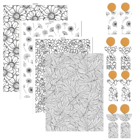 OTCRAFT Transferpapier für Polymer-Ton, Retro-Blumen in Schwarz und Weiß, 4 verschiedene Hintergrunddrucke, Polymer-Ton, Transferpapier für Bastelarbeiten, Kunst, Schmuck, Ohrringe, 12 x 8 cm