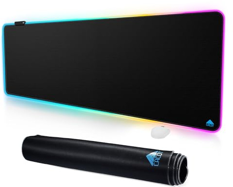 Cacoy 1 600 x 500 x 3 mm RGB Gaming-musmatta, utökad XXL musmatta, 9 belysningslägen, LED stor skrivbordsmatta med slät yta och halkfri gummibas, svart