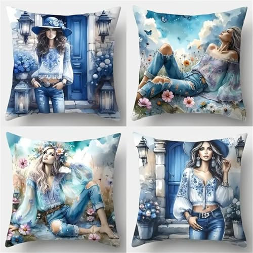 Generisch Kissenbezüge 4er Set Schönheit 70x70cm Dekorative Kissenhülle, Samt Zierkissenbezüge mit unsichtbarem Reißverschluss, Weich Kissen Bezug Zierkissen für Sofa Wohnzimmer Zuhause Dekor Sv10677