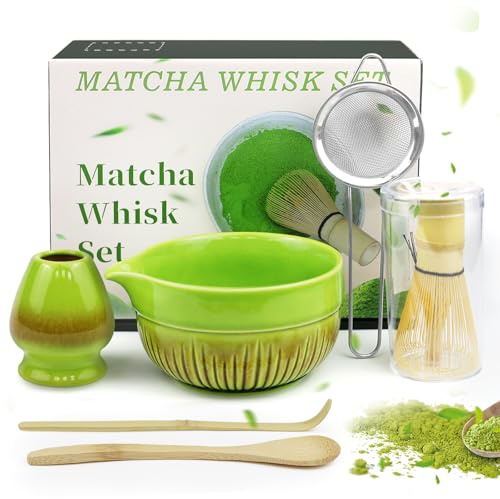 HA BIN Matcha-set grönt, 6 stycken matcha teset med sil, matcha-skedar, matcha-skål och matcha kvastställ, traditionellt set för matcha te hem, kontor och presentidé