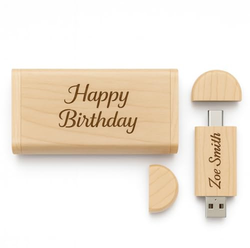 Personalized Wooden Dual USB-C & USB-A Flash Drive with Box – Custom Engraved Memory Stick Gift – Darkwood or Lightwood, 4GB/16GB/32GB/64GB/128GB – Wedding, Photography, Business Branding