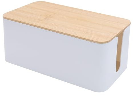 Kabelbox weiß mit Bambusdeckel zum Verstecken von Kabeln und Steckern