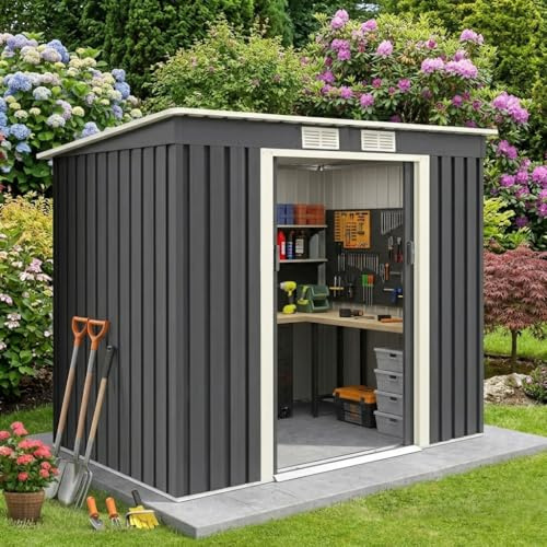 GOPLUS 2,37M² Abri de Jardin en Acier Galvanisé Résistant 4,1m³, 213x130x173CM, Cabane de Jardin Exterieur avec 2 Portes Coulissant, 2 Aérations, Toit Incliné, Rangement Outils pour Pelouse, Patio