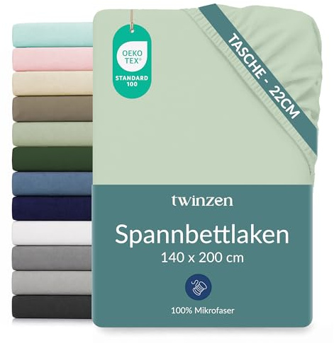 Twinzen Spannbettlaken Mikrofaser 140x200 Hellgrün Steghöhe 25 cm | Weich & hautfreundlich · Atmungsaktiv · Pflegeleicht · Waschbar bei 40 °C · OEKO-TEX