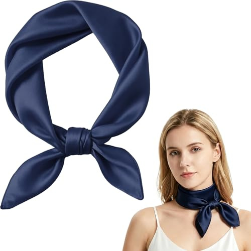 BEZHO Bandana Femme 70x70 cm, Foulard Carré en Satin Uni, Scarf Style Rétro des Années 50 pour Cheveux, Cou et Sac à Main (Bleu Marine)