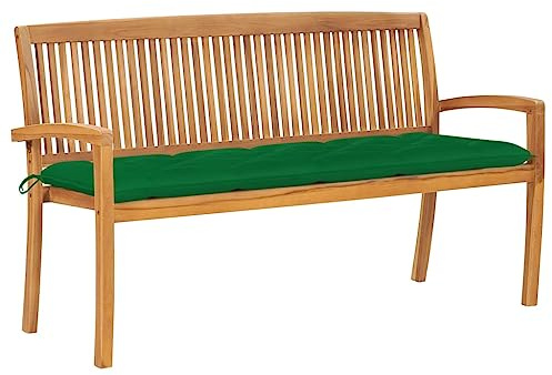 Qnhdfrt Gartenbank aus Massivholz Teak 159 cm Stapelbare Holzbank mit grüner Auflage Dreisitzer Sitzbank für Garten Terrasse und Balkon Klassische Parkbank aus Teakholz