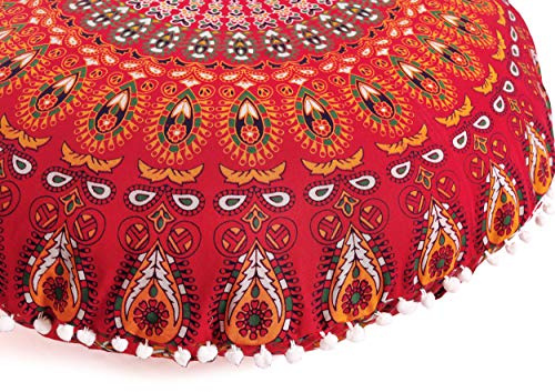 Popular Handicrafts Floor Pillow Cushion Cover - Hippie Mandala Cushion Cover Large with Pom Poms Soft Particles - Pouf Cover Round Bohemian Yoga Decor, 32 Red