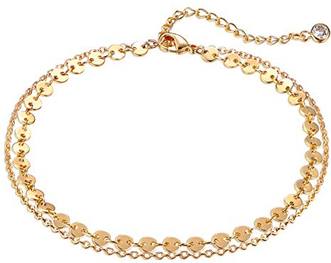 Dremmy Studios Dainty Gold Ankle Bracelets Coin Anklet for Women, 14k Gold Plated Double Layered Disc Link Chain Anklets Jewelry
