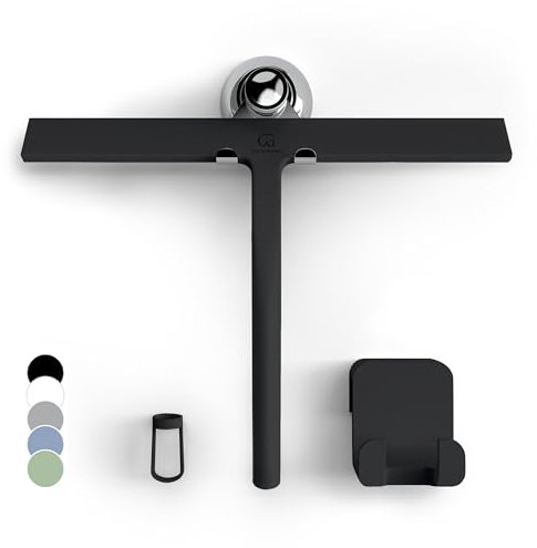 GÜTEWERK Duschabzieher Set mit Halterung - schwarz 28 cm breit - ohne Bohren Silikon Abzieher Dusche Badezimmer Fenster Fensterabzieher Edelstahl Kern Scheibenabzieher mit Saugnapf Halter Badabzieher