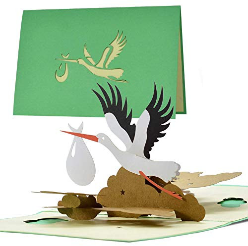 Diese-Klappkarten 3D Pop up Karte zur Geburt Junge Mädchen - Storch Design - Gutschein Baby Karte Geburt Mädchen Junge - Glückwunschkarte Babykarte Geburtskarte