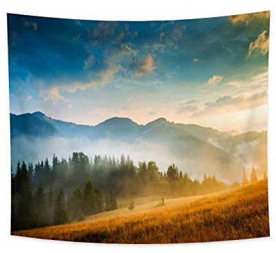 YongFoto 180x160cm Nebelwald Tapisserie, Nebelwald Berg Hang Sonnenuntergang Natur Landschaft 23 Wandbehang für Raum-Dekor Nieselregen Bäume Schlafzimmer Wohnzimmer Dorm Tapisserien