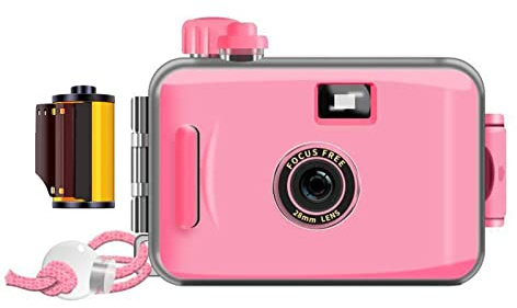 Hojo Appareil photo jetable à usage unique - Appareil photo à film réutilisable de 35 mm - Image unique - Étanche jusqu'à 5 m - Style rétro - Multipack (basique + 35 mm Flim 36 exp, rose)