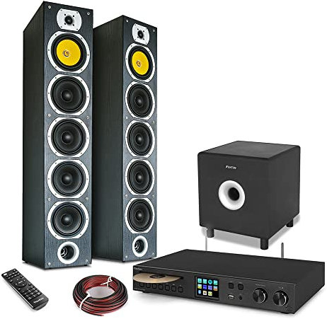 Audizio Tower HiFi System with Floor Standing SHFT57B Speakers, 10-Inch Active Subwoofer, Internet DAB+ Radio, CD Player, Bluetooth and Spotify Wireless Music Streaming for Home Audio