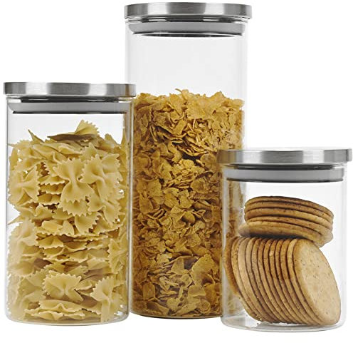 BAKAJI Set 3 Barattoli in Vetro con Chiusura Ermetica, Contenitori Salvafreschezza con Tappo in Metallo, Barattolo Porta Riso, Pasta, Sale, Biscotti, Cereali, Alimenti, 650 ml, 950 ml e 1400 ml