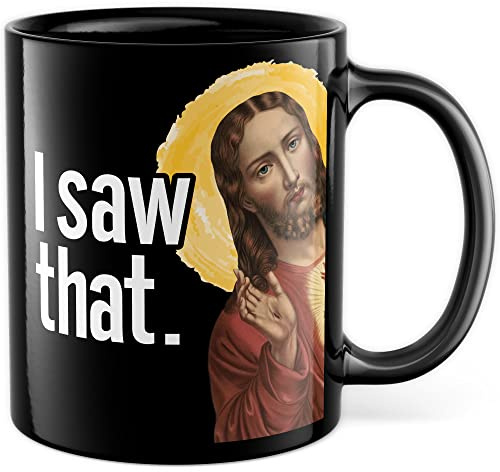 Jesus Tasse Meme Geschenkidee HUmor Kaffeetasse mit lustigen Spruch Geschenk für Kollege Kaffeebecher Christus Peeking Becher (Schwarz)
