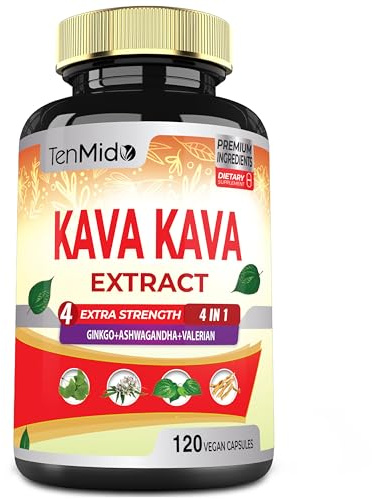 Tenmido Kava Kava Supplement Extract Capsules, 4 Months Supply with Ginkgo, Ashwagandha, Valerian- Relaxation Supports Supplement- 120 Vegan Capsules