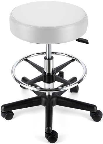 JMU Round Rolling Stool with Foot Rest,Ultra Soft PVC Leather Large Seat,Heavy Weight Capacity 400lbs, Adjustable Height for Tattoo Salon Spa Office Dentists Healthcare(White)