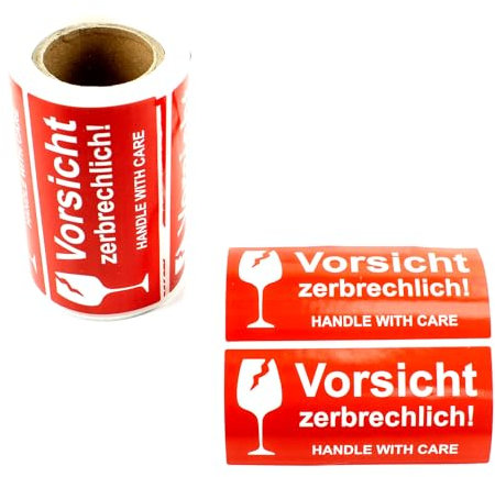 GoodMarkt vorsicht zerbrechlich aufkleber – leuchtrot Warnetiketten auf rolle 102x48mm – selbstklebend 250 Labels –Handle with care – Vorsicht Glas Aufkleber – Fragile Attention Versandaufkleber