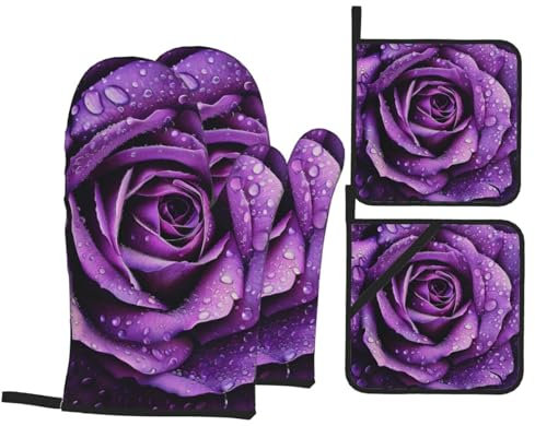 Ofenhandschuhe und Topflappen, Motiv: violette Rose, hitzebeständige Küchenhandschuhe und heiße Pads zum Kochen, Backen, Grillen, 4 Stück