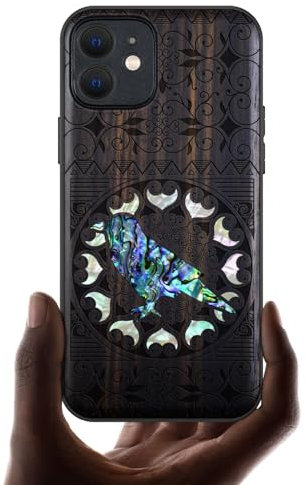 Carveit Étui Magnétique pour iPhone 12 Coque Protection Case [Bois et Incrustation de Coquille] Etui Compatible Magsafe avec Apple 12 Cover (Bois Sombre-Le Corbeau Zentangle)