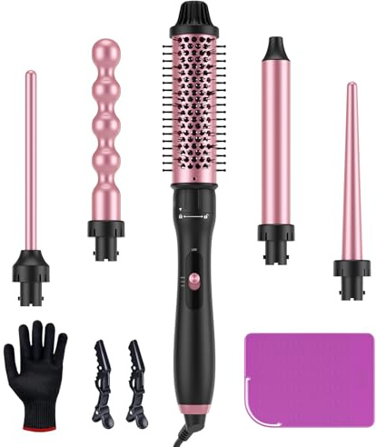 LANDOT 5-in-1 Hair Curler Set with 38mm Thermal Brush and 4 Curling Wands | Interchangeable Ionic Ceramic Barrels for Blowouts & Curls, 30s Fast Heat, Dual Voltage, Heat Mat & Glove, Auto Shut-Off