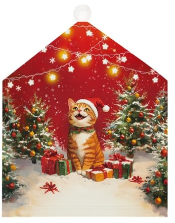 Morbuy Weihnachten Stuhlhussen 3D-Druck Nikolausmütze Esstisch Stühlen Set, 60x50cm Weihnachtsdeko Stuhlhussen Hussen für Esszimmerstühle, Weihnachtsfeier (Katze,4er Set)