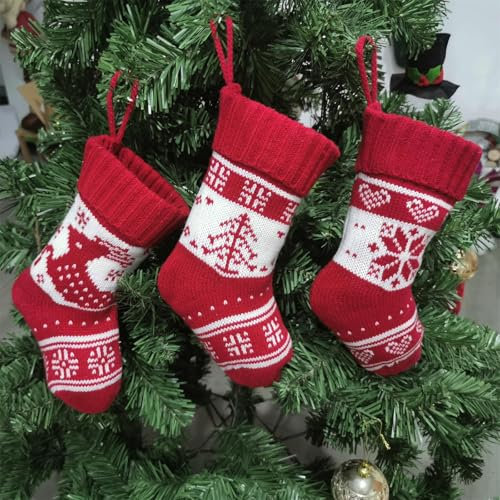 Hearda Stricken Weihnachtsstrümpfe 3er Set,Weihnachtsbaum Elch Schneeflocke Weihnachtsstrumpf Weihnachtsstrümpf für Kamin Nikolausstrumpf Nikolausstiefel, Weihnachtsdekorationen (Frohes Neues Jahr)