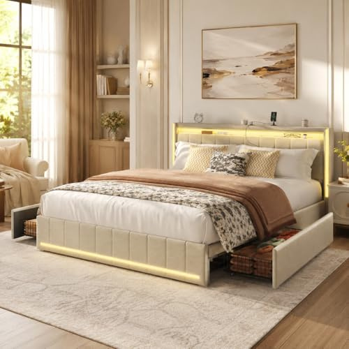 KeepGoon Letto matrimoniale 160 x 200 cm, letto imbottito con luci a LED, 4 cassetti in ferro e una porta di ricarica USB, telaio letto, tessuto di lino (beige)