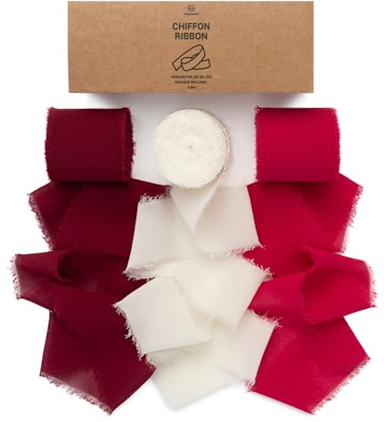 Vitalizart Nastro di Chiffon Setoso Rosso & Bianco 3,8 cm x 19,2 m, Fatto a Mano con Frange, Nastro Sfrangiato per Inviti a Nozze, Bouquet da Sposa, Confezioni Regalo, Fai da Te