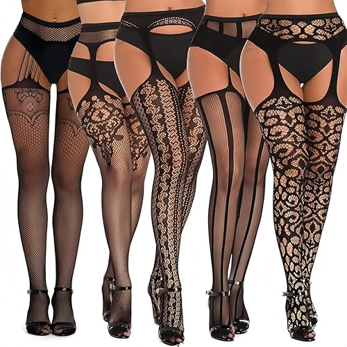 SNDE 5 Paar Strapsstrumpfhose für Damen Große Größen Sexy Muster Strumpfhosen Elastisch Schwarz Halterlose Netzstrümpfe