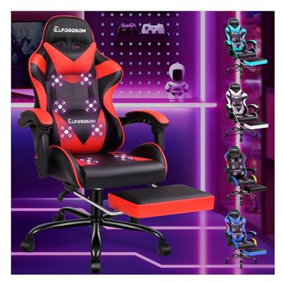 ELFORDSON Massage Gaming Chair for Kids Adults, Ergonomic Computer Office Chairs with Headrest, Lumbar Cushion, Footrest, High Back 150° Reclining, 360° Swivel, PU Leather, Red