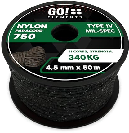 GO!elements 50m Paracord Seil aus reißfester Nylonschnur - Paracord 750 Schnur - geeignet Als Allzweckseil & Reepschnur - Farbe: Schwarz-Reflektierenden