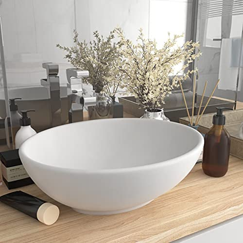 Snsowed Lavabo de Lujo, Lavabo sobre Encimera, Lavabo Baño, Muebles De Baño, Mueble Lavabo, Ovalado cerámica Blanco Mate 40x33 cm