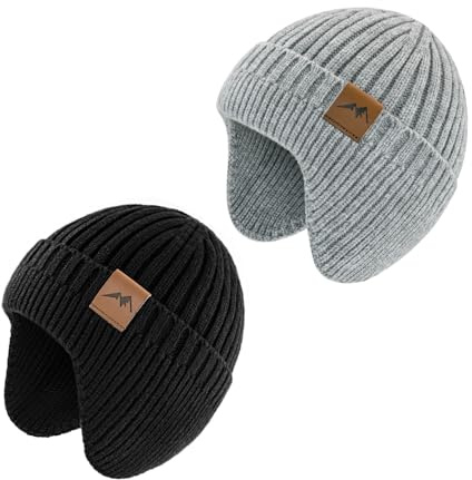 SEYUFN Bonnet Enfant Garcon Hiver Bonnet Bebe Fille Dinosaure Tricot Chapeau Bebe Garcon Large Protection des Oreilles (FR/ES, Âge, 6 Mois, 24 Mois, A-Noir&Gris)