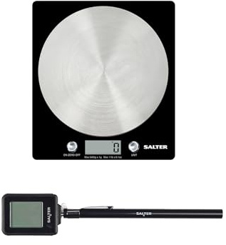 Salter Scale & Thermometer Set – Digital Disc Kitchen Scale with 5kg Capacity, Tare Function, Measures Liquids, Instant Read Meat Thermometer with Cover, Stainless Steel, Celsius & Fahrenheit, Black