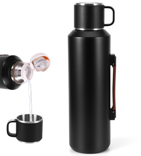 Gourde pour boissons chaudes - Bouteille isotherme en acier inoxydable avec poignée, grande capacité de 1,5 l, étanche, isolation sous vide pour boissons chaudes et froides, bouteille à café (noir, 1