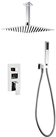 Rain Shower System Digital Display Shower Combo Set Ceiling Mounted Bathroom Shower Faucet Set with Stainless Steel Shower Head Handheld Shower Embedded Box Chrome 10 Inches,Showerheads