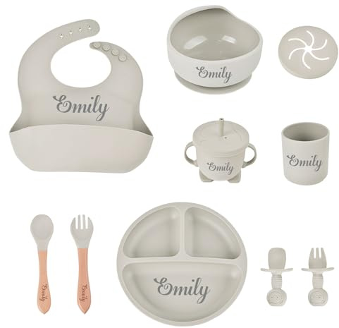 10 Pièces Assiette Coffret Repas Bebe avec Bol Silicone à Ventouse, Cuillères, Tasses, Bavoirs, Assiettes,Ensemble de vaisselle pour le sevrage du bébé,Compatible micro-ondes et lave-vaisselle