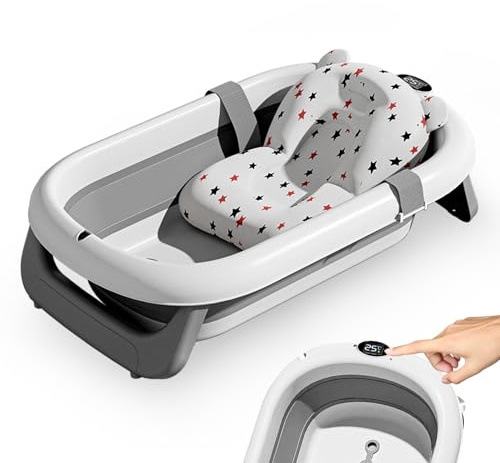 Bañera con sensor de temperatura, bañera plegable bebé para baño ducha begnoire infantil, hamaca cuenca eductor antideslizante tapón confort viaje 0-3 años en pie Bathtub gris
