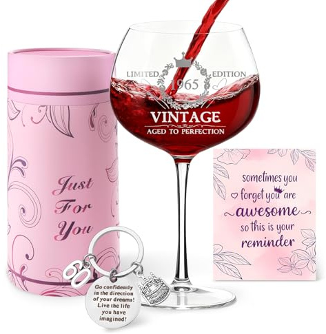 SneiDr Verre à Vin Vintage 1965 Pour 60e Anniversaire Cadeau 60 Ans Femme Verre Personnalisé Gravé avec Boîte Cartes D'anniversaire et Porte-Clés Verres à Vin Rouge et Blanc Idée Cadeaux Mère Amie