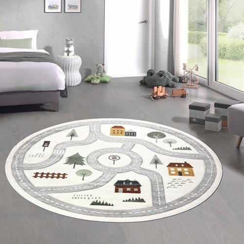 CARPETIA Kinderteppich Rund Stadtplan Creme Pastell Ø 80 cm | Weich, pflegeleicht, strapazierfähig, formstabil, schmutzabweisend und schadstofffrei, für Fußbodenheizung