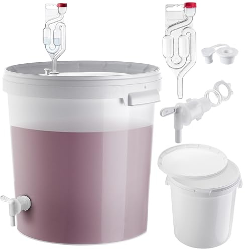 Set KADAX per fermentazione 33L con rubinetto, gorgogliatore e tappo di gomma, contenitore per fermentazione in plastica con rubinetto, fermentazione e tappo per la produzione di vino